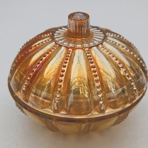 Vintage Beaded Paneled Marigold Carnival Art Glass Vanity Powder Jar